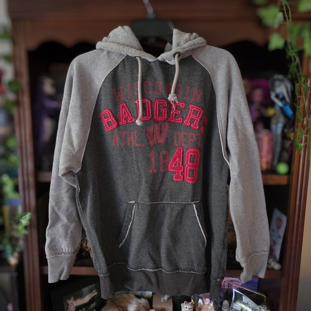 J. America Wisconsin Badgers Gray Hooded Sweatshirt with Pink Logo